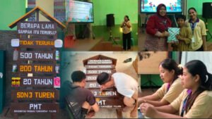 Mahasiswa PMT  UNITRI Kelompok 8 Sultan Hasanudin saat menggelar sosialisasi pemilahan sampah di SDN 3 Turen, Kecamatan Turen, Kabupaten Malang